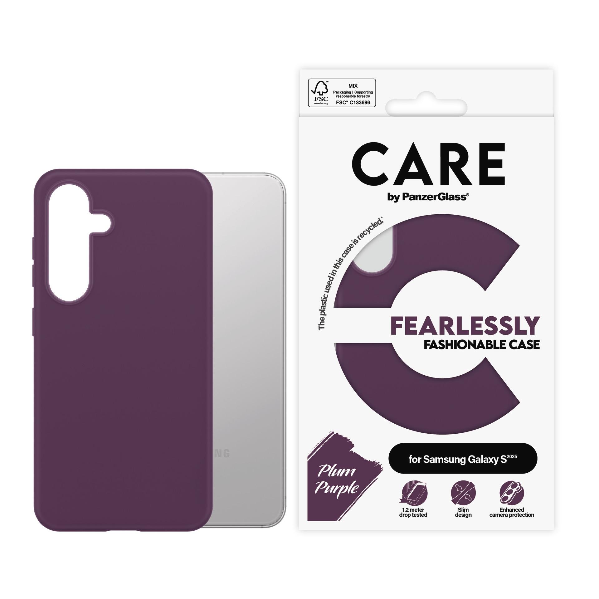 CARE BY PANZERGLASS Handyhülle "Fearlessly Fashionable Case für Samsung Galaxy S25", lila (violett), B:11cm H:2,5cm T:20cm, Hüllen, Backcover, Schutzh
