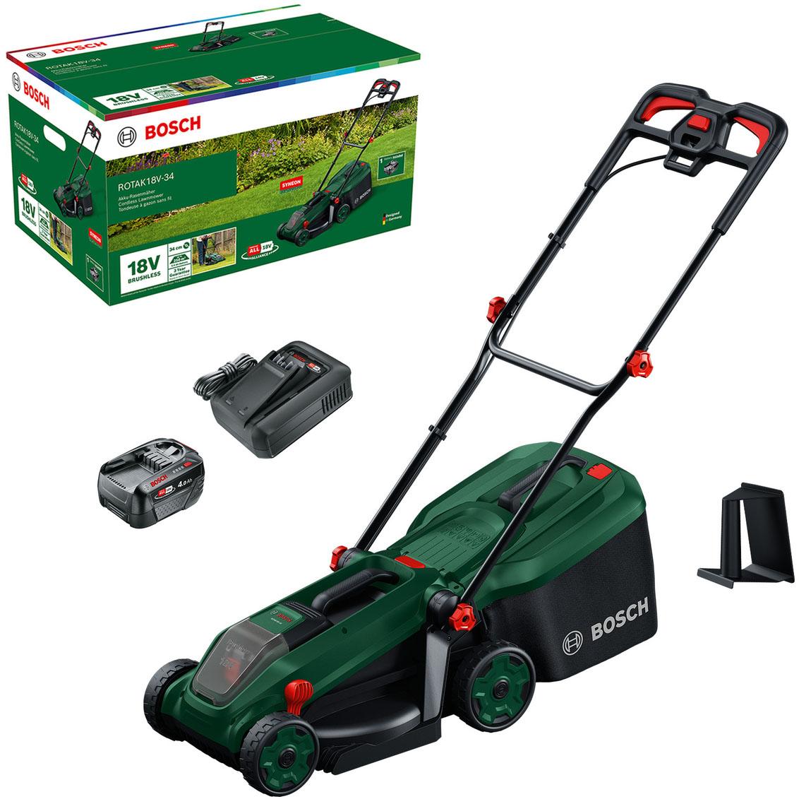 Akkurasenmäher BOSCH HOME & GARDEN “ROTAK18V-34”, grün, Rasenmäher, Kraftvoller 3-in-1-Mäher für kleine bis mittelgroße Rasenflächen