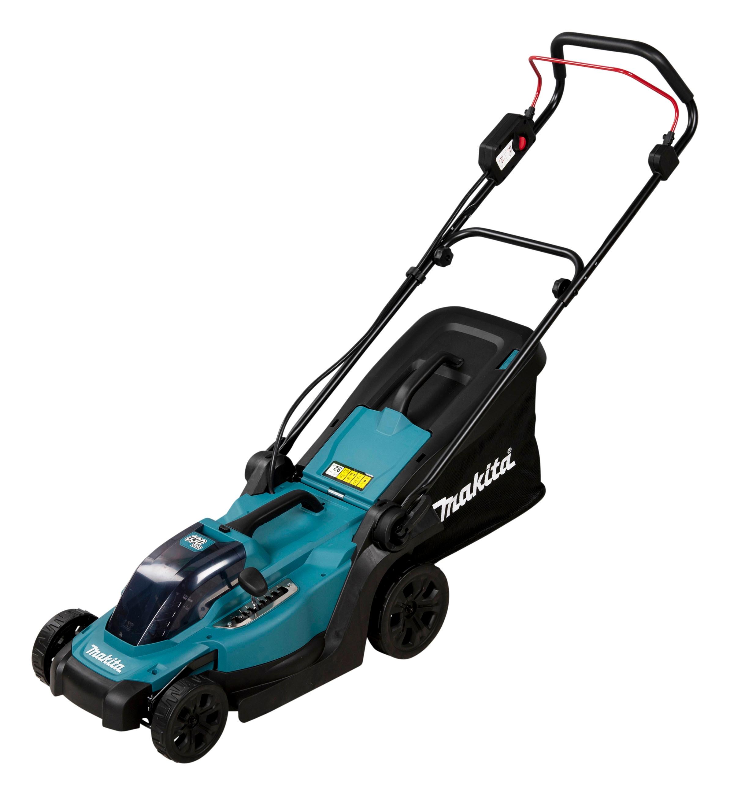 Akkurasenmäher MAKITA "»DLM330RM«", blau (türkis), B:37,5cm H:97,5cm T:135cm, Rasenmäher, Akkurasenmäher, mit Akku und Ladegerät,18V, 33 cm, 30 l