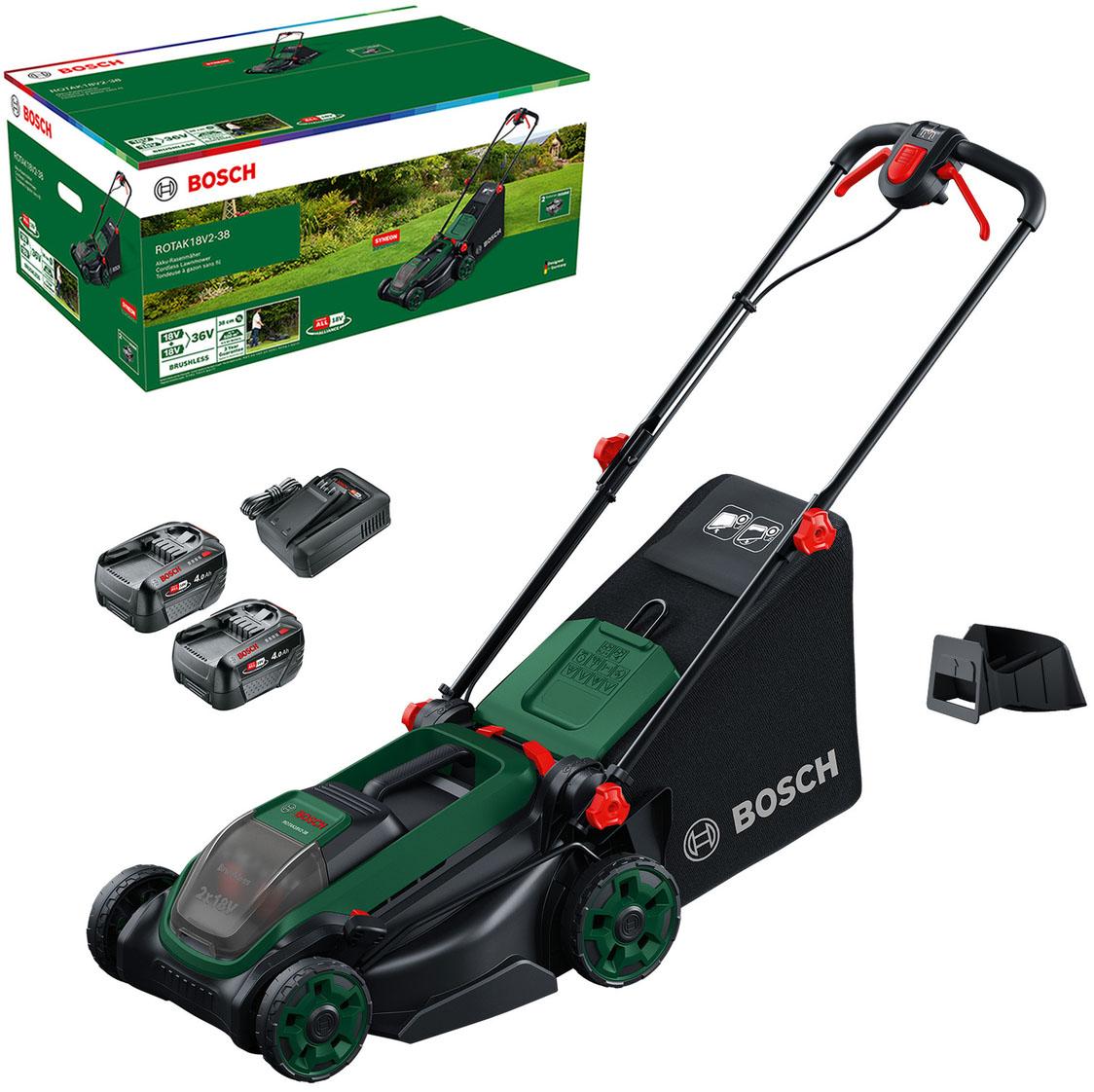 Akkurasenmäher BOSCH HOME & GARDEN “Rotak 18V2-38”, grün, Rasenmäher, Kraftvoller 3-in-1-Mäher für mittelgroße bis größere Rasenflächen