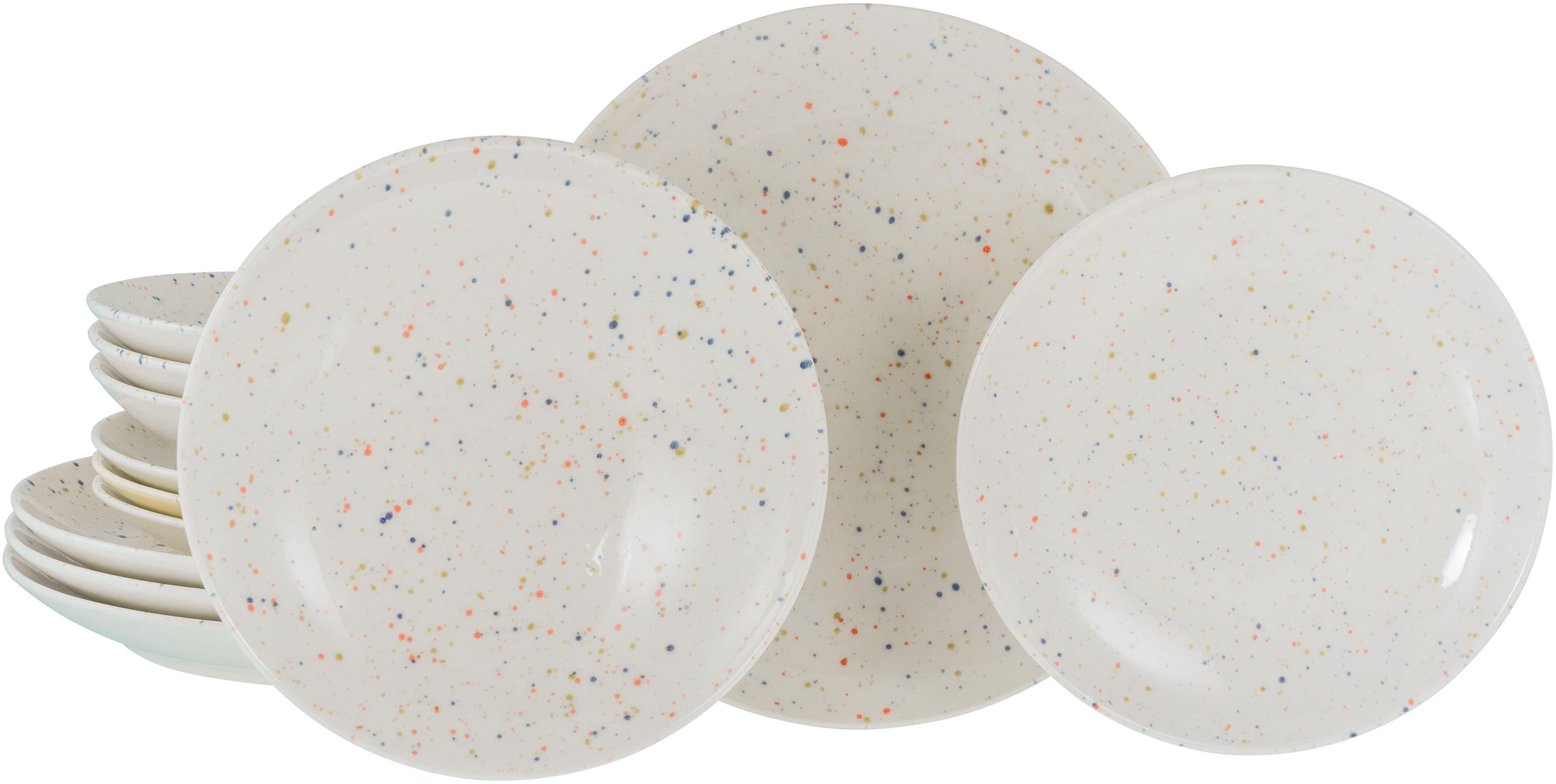 Teller-Set CREATABLE "Confetti, Teller Set 12-tlg.", weiß, 12 Stk., Steinzeug, Geschirr-Sets, Teller-Set, Unregelmäßige bunte Punkte, Gute Laune Gesch