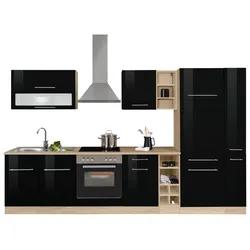 Küchenzeile KOCHSTATION "KS-Eton", schwarz (küche: schwarz, korpus: eichefarben, arbeitsplatte: eichefarben), B:330cm T:60cm, Komplettküchen-Sets, Küc