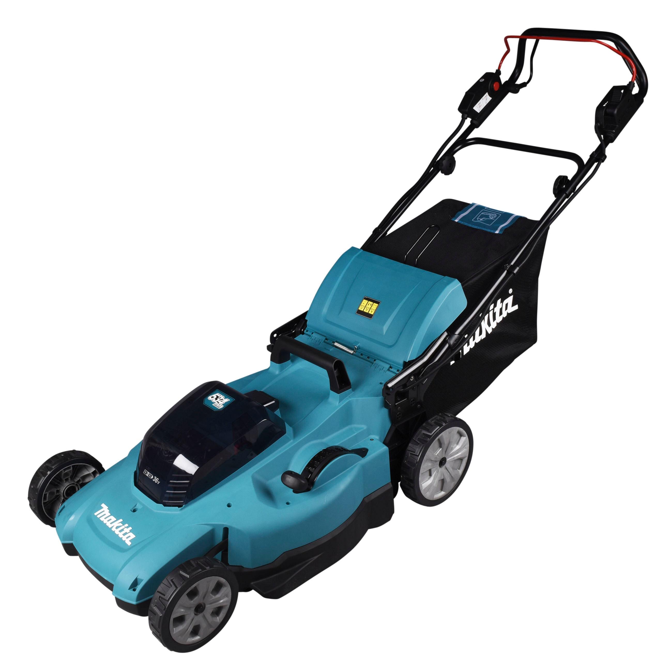 Akkurasenmäher MAKITA “»DLM539Z«”, blau (türkis), B:580cm H:1.040cm T:1.810cm, Rasenmäher, Ohne Akku und Ladegerät,2x18V, 53 cm, 70 l