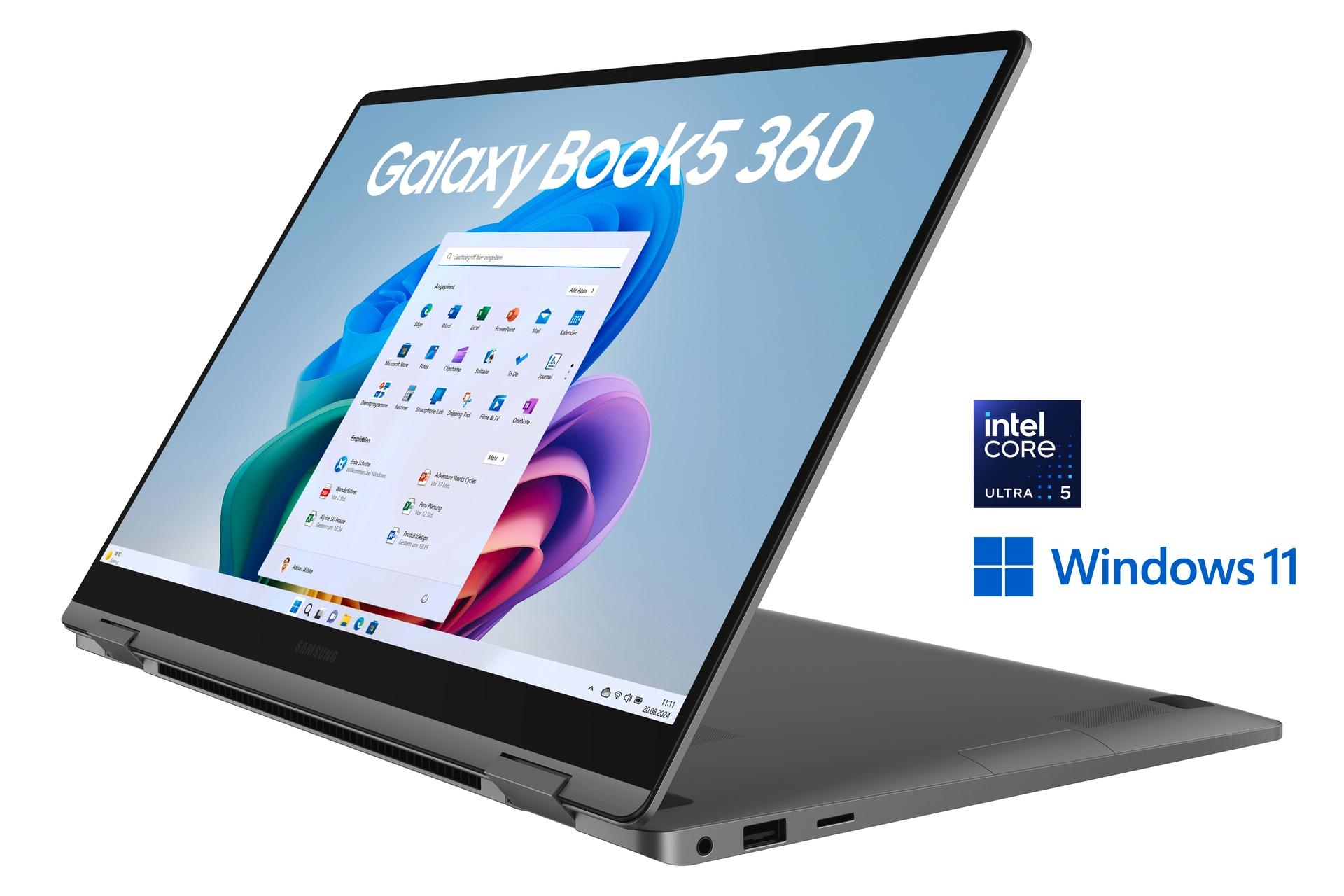 SAMSUNG Convertible Notebook "Galaxy Book5 360 15,6'' (NP750Q) Ultra5 16 GB + 512 GB", grau, 16 GB RAM 512 GB SSD, Core Ultra 5, Windows 11 Home, Note