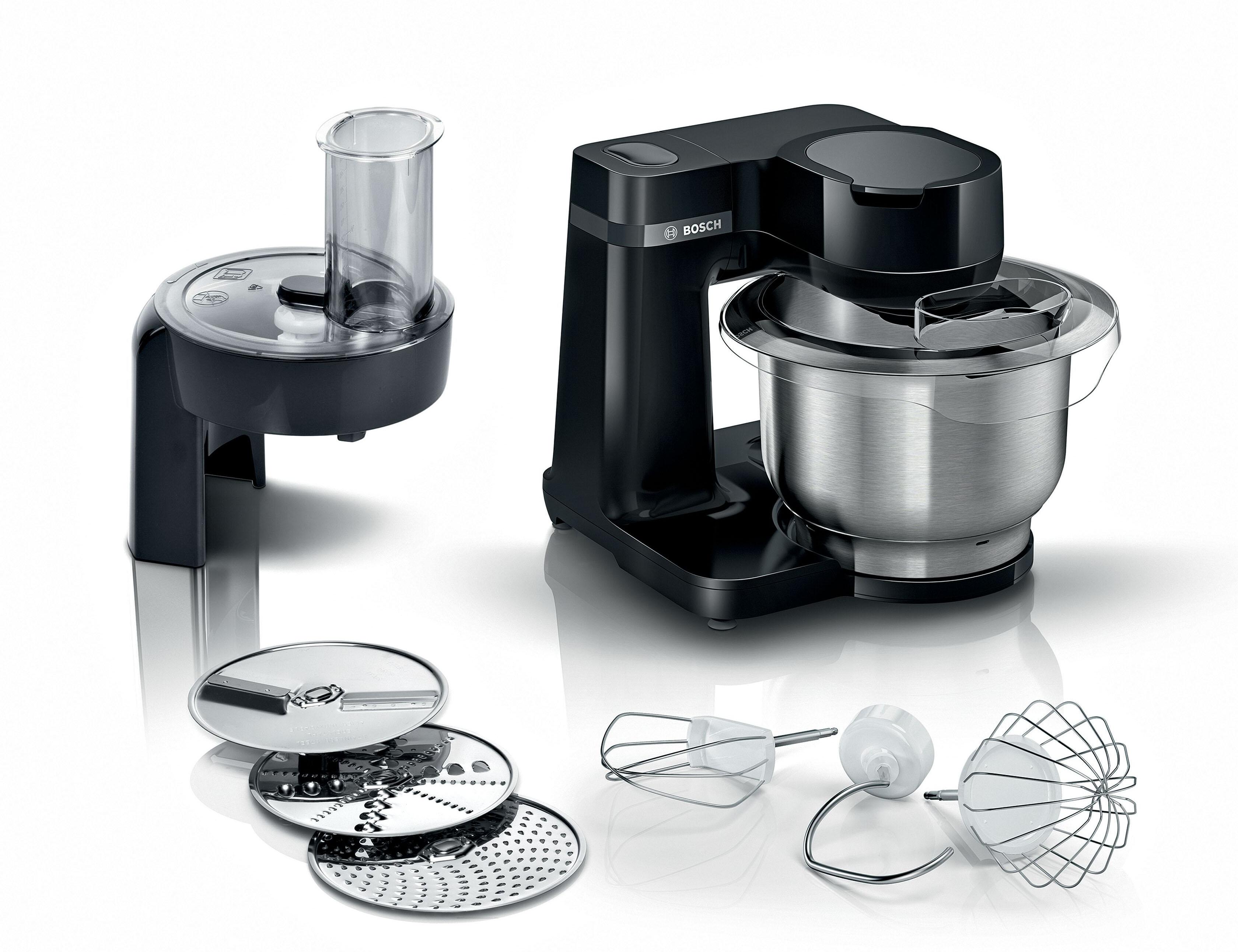 BOSCH Küchenmaschine “MUMS2EB01 MUM Serie 2”, schwarz, B:26,6cm H:26,6cm T:27,7cm, Küchenmaschinen, Durchlaufschnitzler, 3 Reibescheiben,