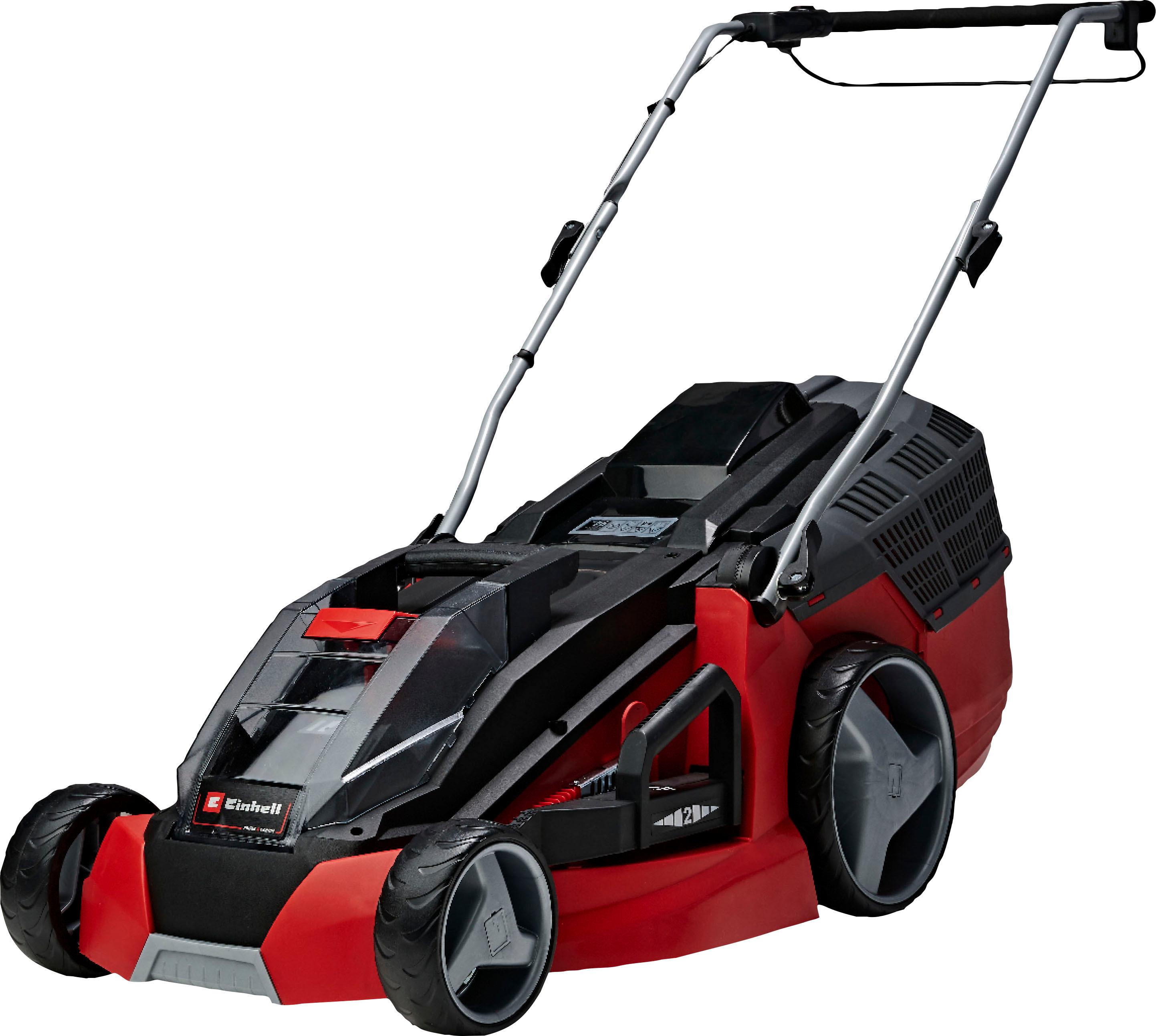 Akkurasenmäher EINHELL “GE-CM 43 Li M Kit (2×4,0Ah)”, rot, Rasenmäher, mit Mulchkeil, 2 Akkus 18V/4Ah und 2 Ladegeräten