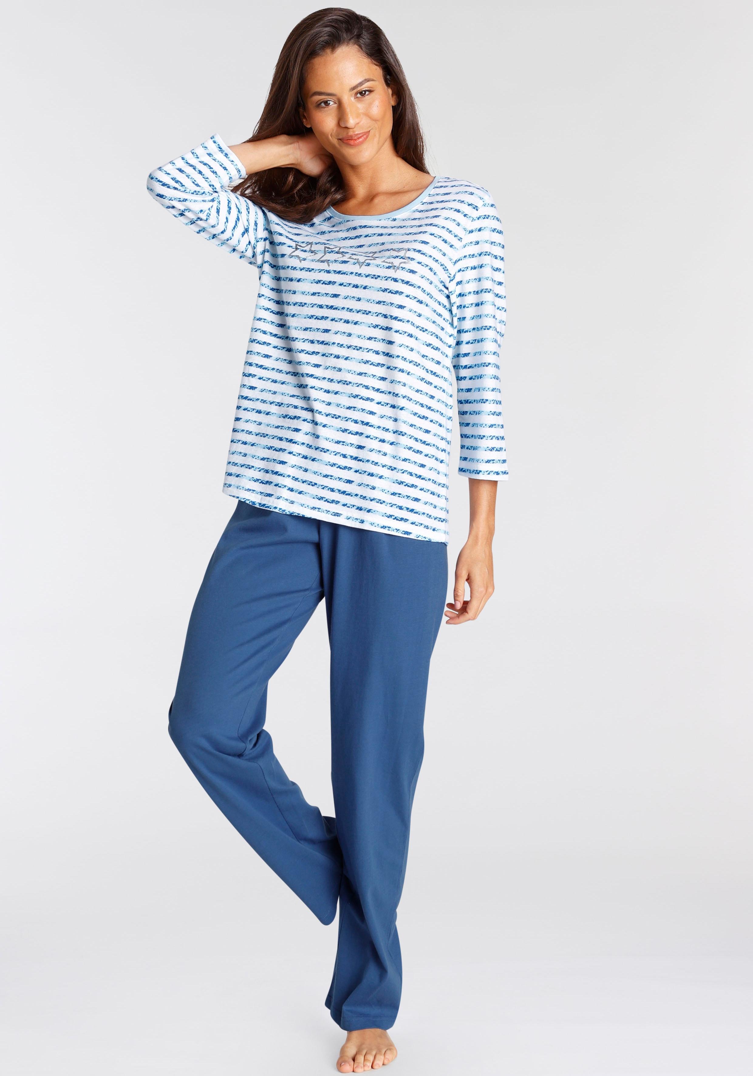 Pyjama, Damen, Gr. 36/38, blau (blau gestreift), Single Jersey, Obermaterial: 100% Baumwolle, VIVANCE DREAMS BY LASCANA, gestreift, bequem lang,