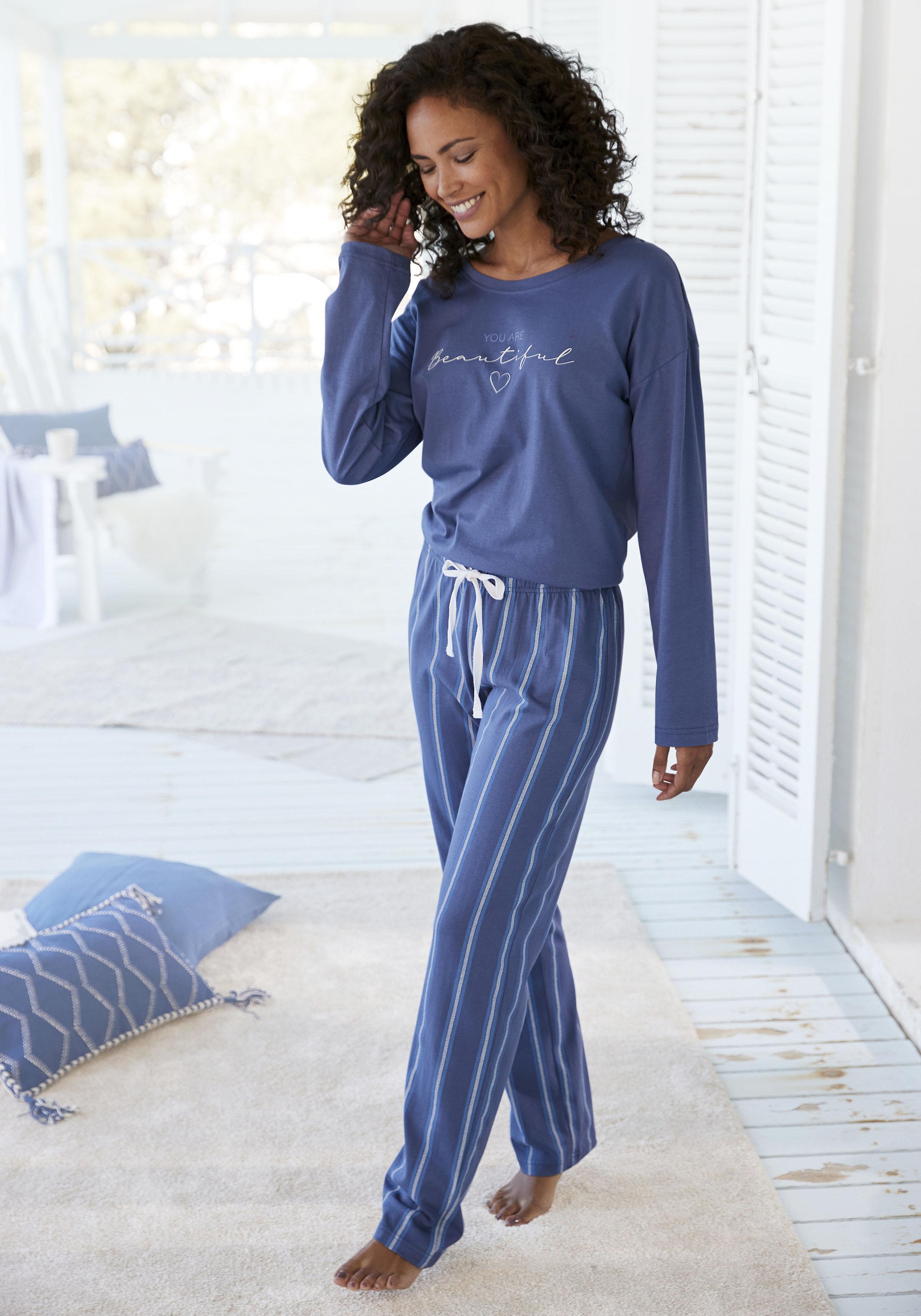 Pyjama, Damen, Gr. 32/34, blau (blau, gestreift), Single Jersey, Obermaterial: 100% Baumwolle, VIVANCE DREAMS BY LASCANA, gestreift, unifarben, Basic,