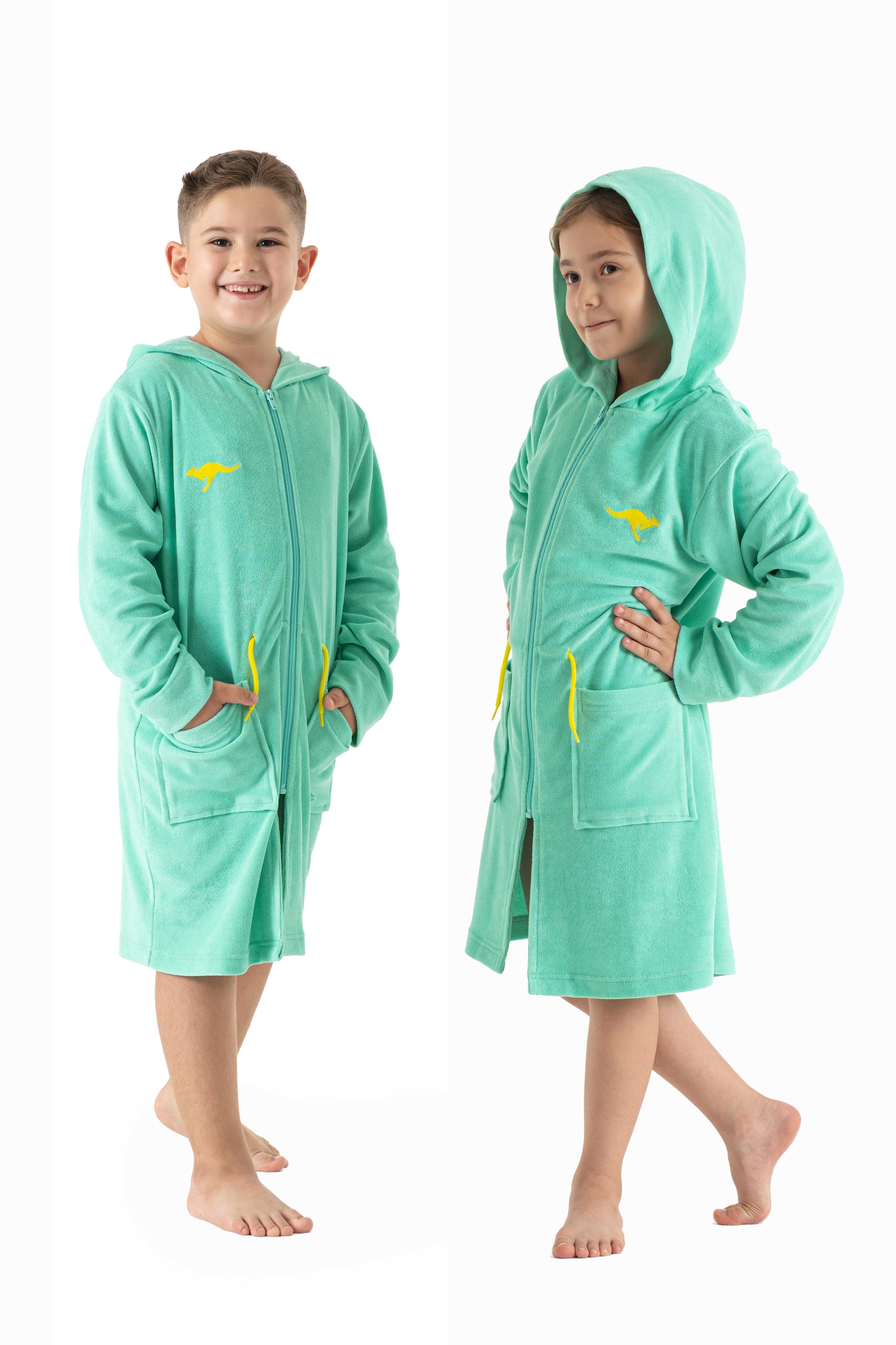 Kinderbademantel KANGAROOS "Kira, Ideal für Zuhause, Schwimmbad oder im Urlaub" Gr. 116, grün (seegrün), 116, Leichtfrottier, Hausmäntel,