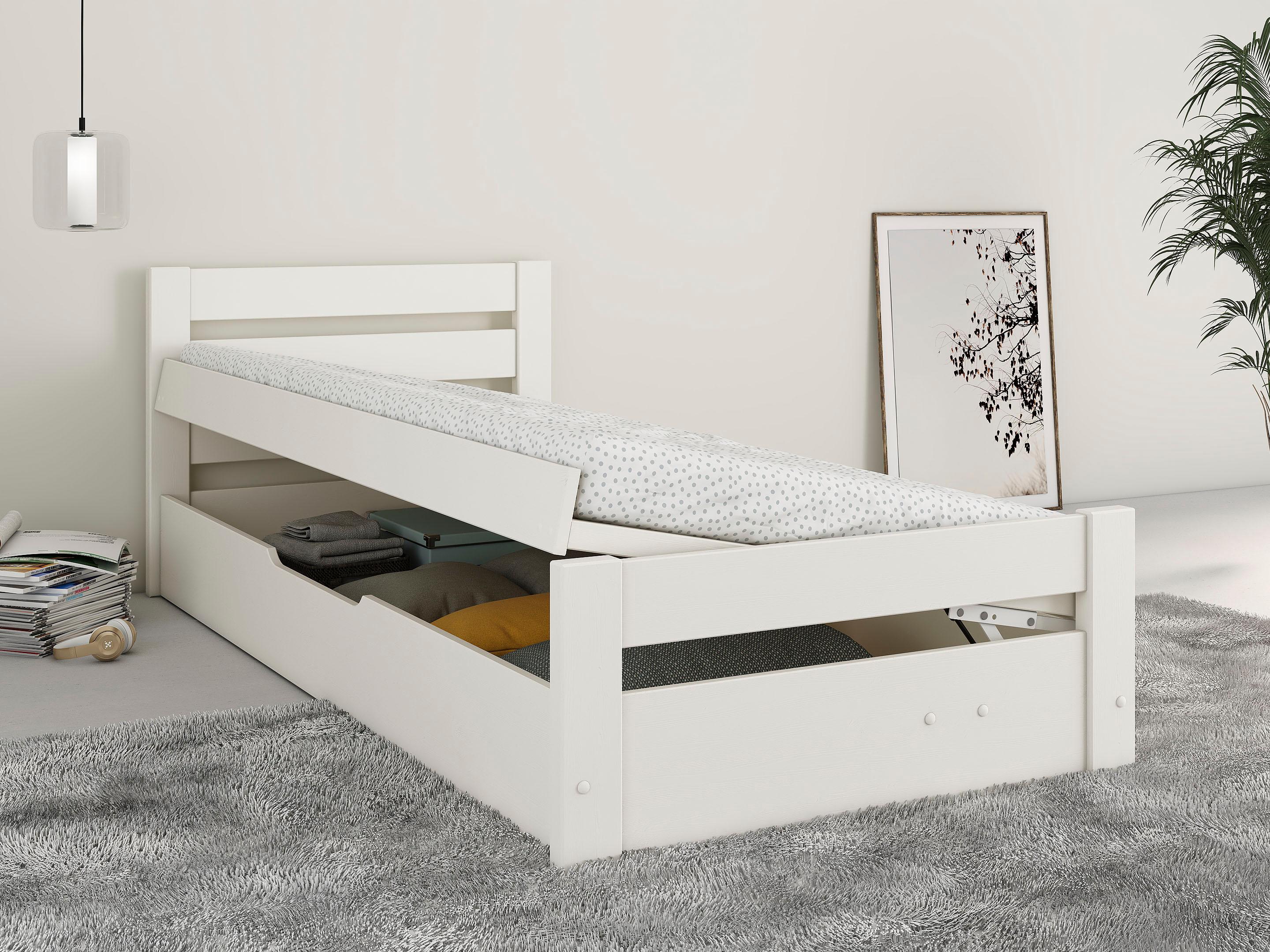 Massivholzbett OTTO HOME "GODJE " zertifiziertes Massivholz (Kiefer)", weiß, B:98cm H:73cm L:205cm, Betten, Massivholzbett, seitlich aufklappbarer