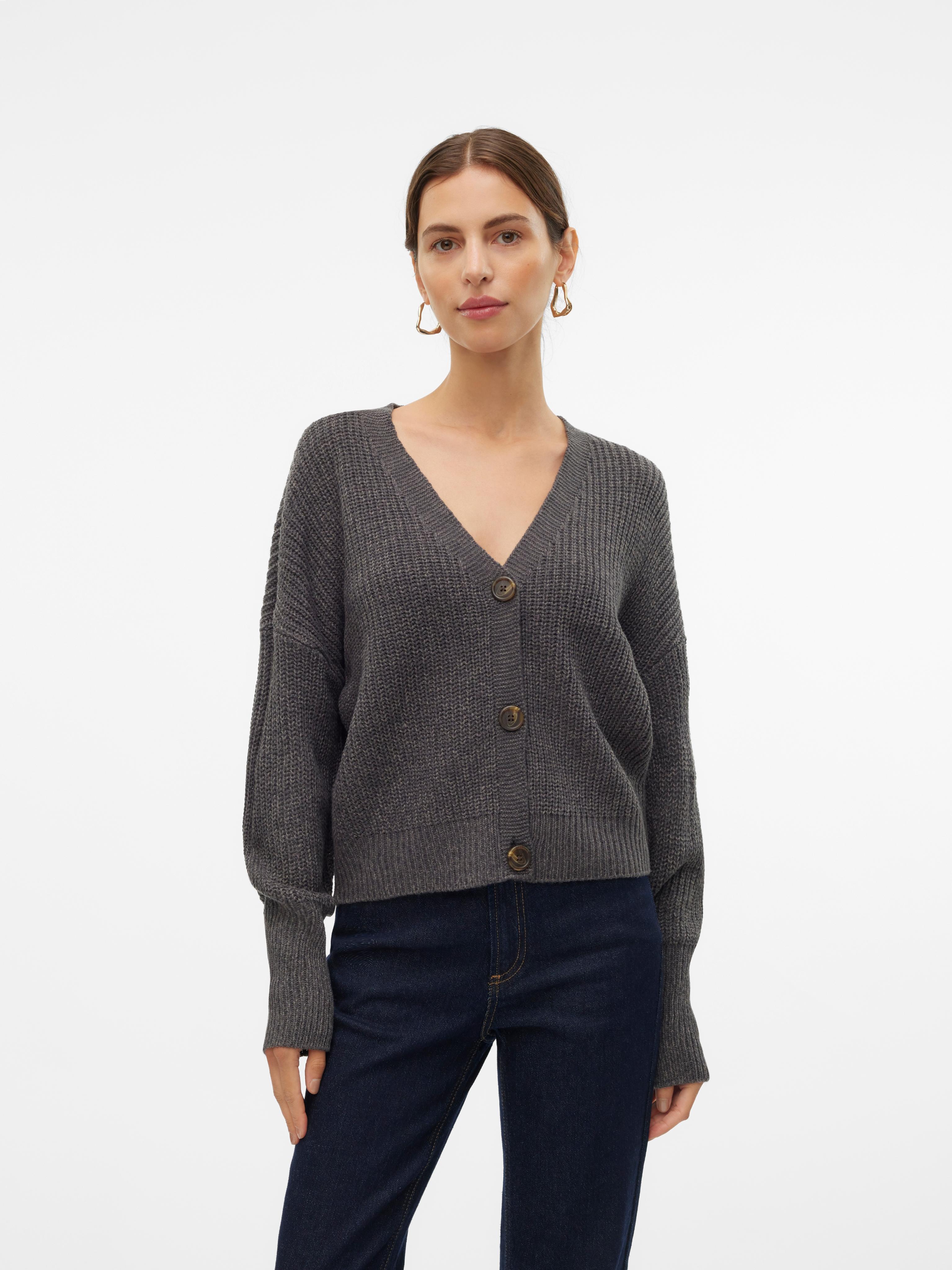 Strickjacke VERO MODA "VMLEA LS V-NECK CUFF CARDIGAN NOOS", Damen, Gr. S, schwarz (asphalt detail:with phantom, tornado), Strick, Obermaterial: 100%
