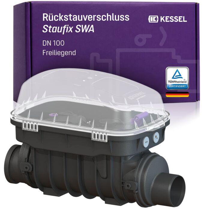 KESSEL Rückstauverschluss Staufix SWA DN 100 73100.10 für fäkalienfreies Abwasser, freiliegende Montage, 2 mechanische Rückstauklappen, handverriegelbarer Notverschluss, EN 13564