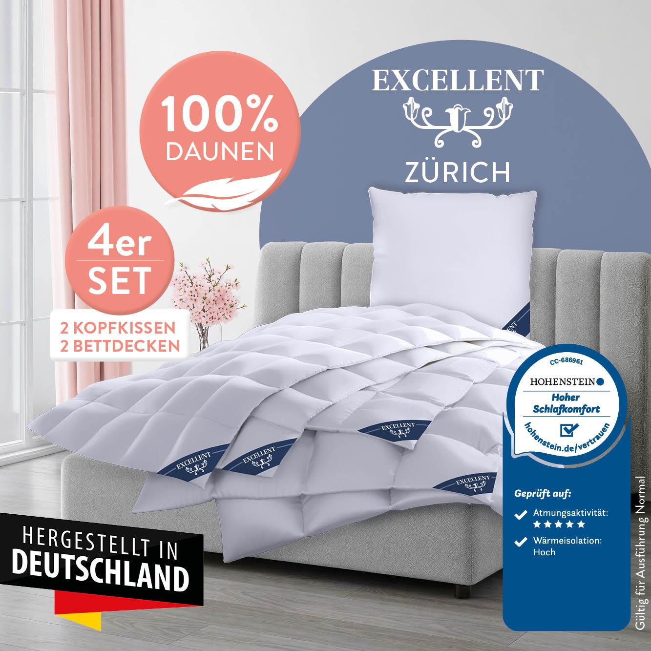 Daunenbettdecke + Federkissen EXCELLENT "Zürich, Bettdecke normal mit Bestnote "Hoher Schlafkomfort" bewertet.", weiß, B/L: 155cm x 220cm Anzahl