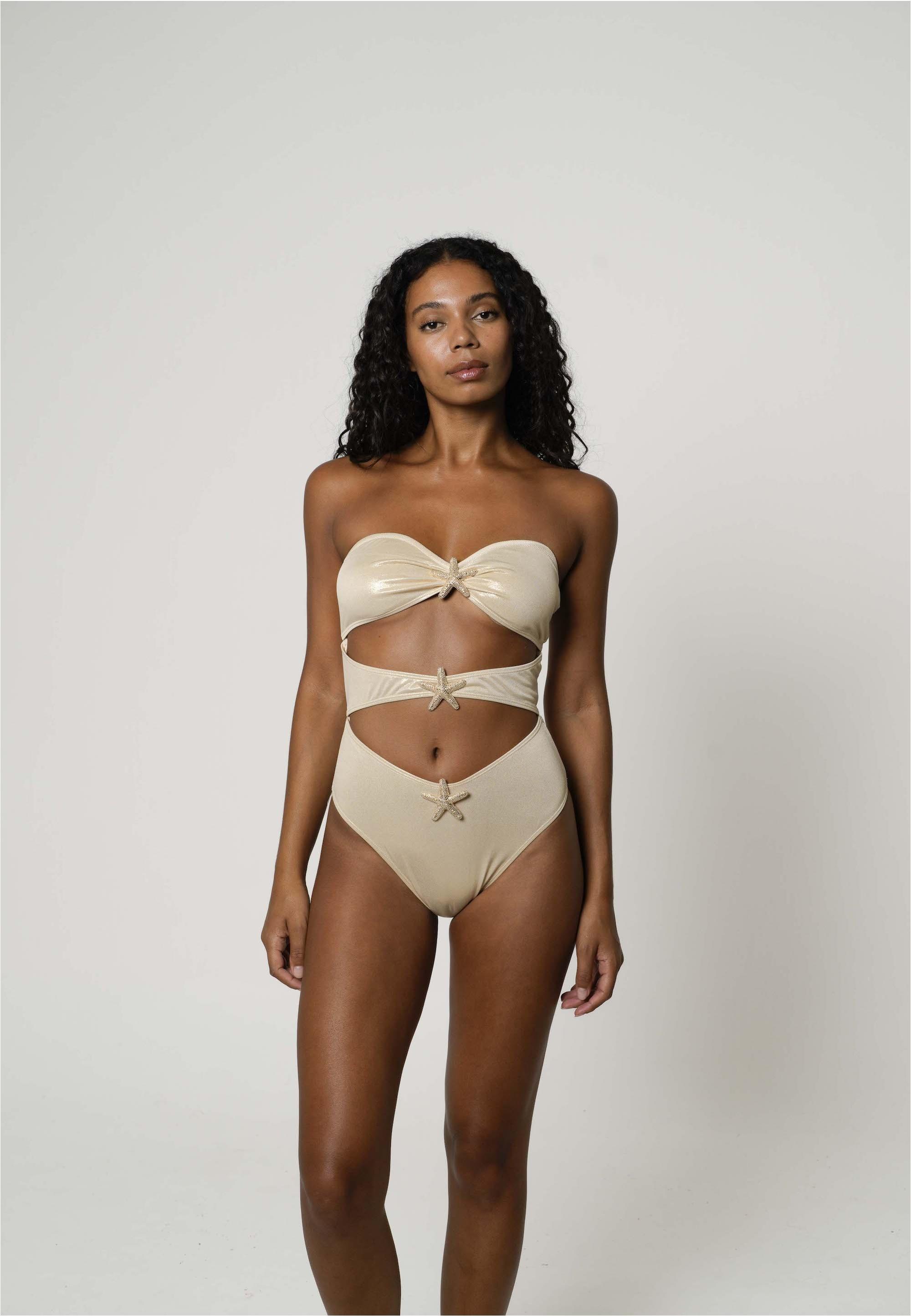 Badeanzug MODA MINX, Damen, Gr. M, gold (goldfarben), 82% Polyamid, 18% Elasthan, unifarben, Badeanzüge Badeanzug, mit tollen Cut-Outs