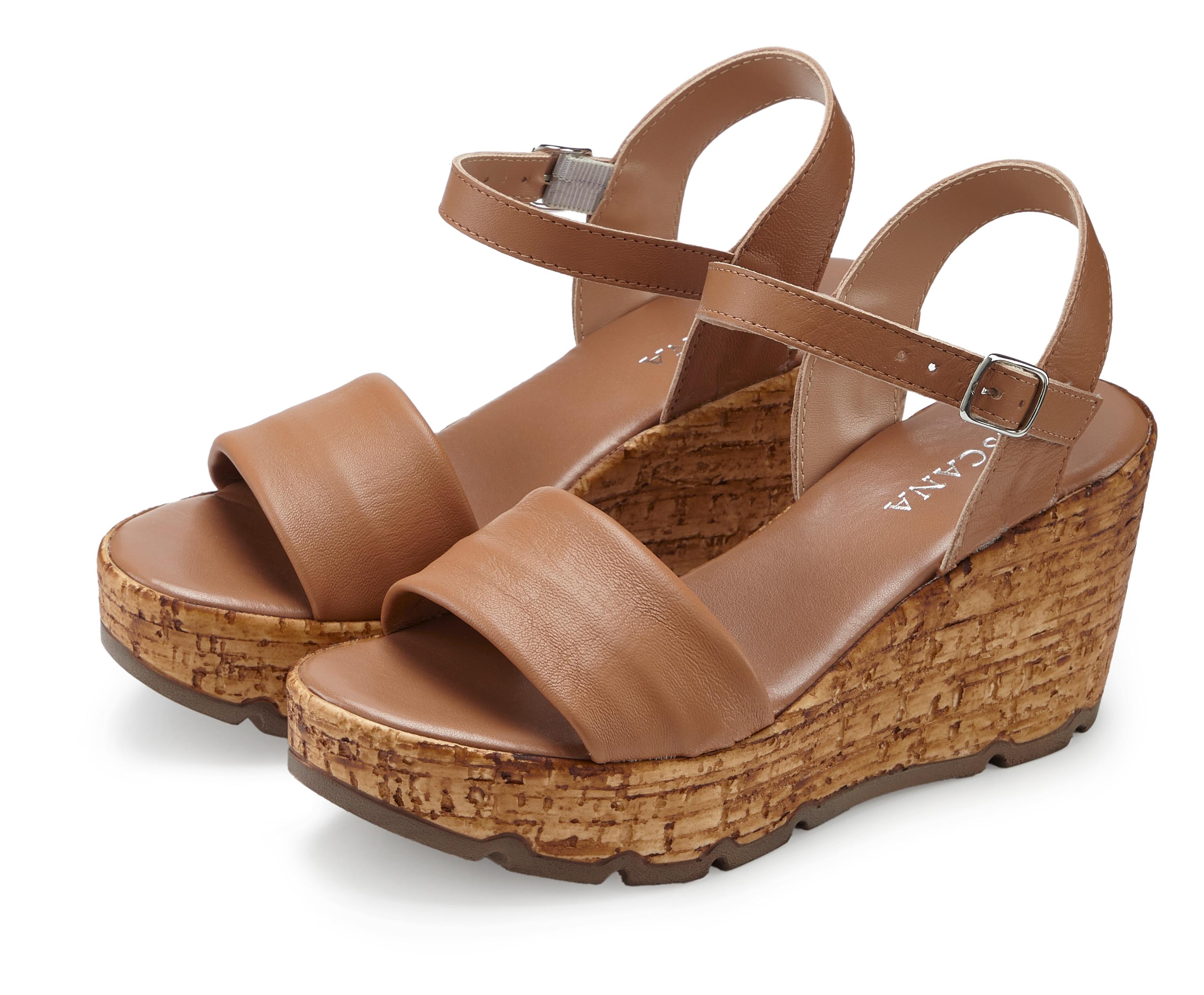 Sandalette LASCANA "Sommerschuh, offener Schuh, Sandale, Keilsandalette", Damen, Gr. 37, Synthetik, braun (camelfarben), Obermaterial: 100% Schafsleder. Decksohle: 100% Lederimitat. Futter: 100% Synthetik. Laufsohle: 100% Synthetik, unifarben, Basic, Schu