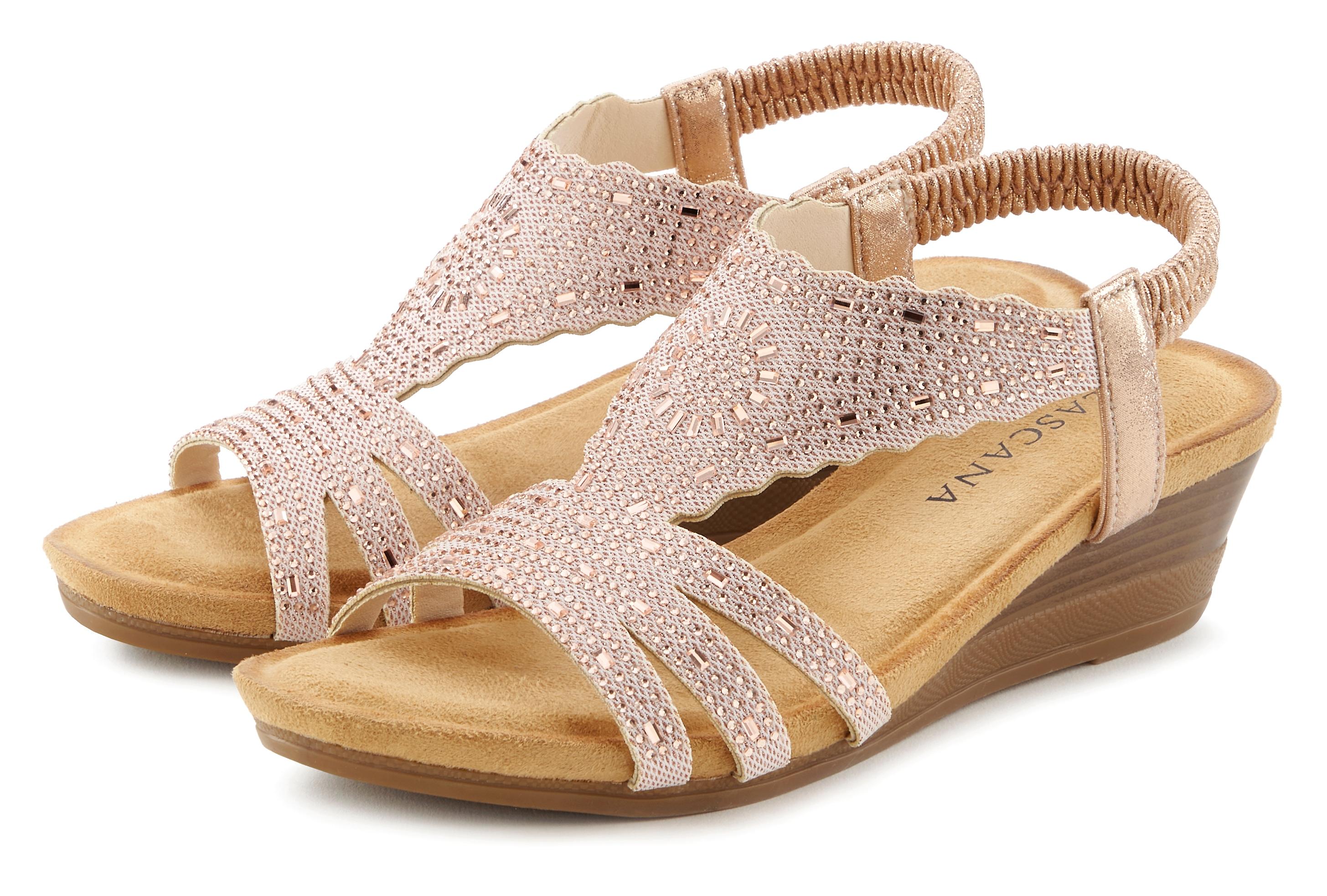 Keilsandalette LASCANA "Elegante Sommer‑Sandalette", Damen, Gr. 36, Textil, rosa (rosegoldfarben), Obermaterial: 100% Textilmaterial. Decksohle: 100% Textilmaterial. Laufsohle: 100% Synthetik, unifarben, festlich, Schuhe, mit Glitzerdetails, Keilabsatz &