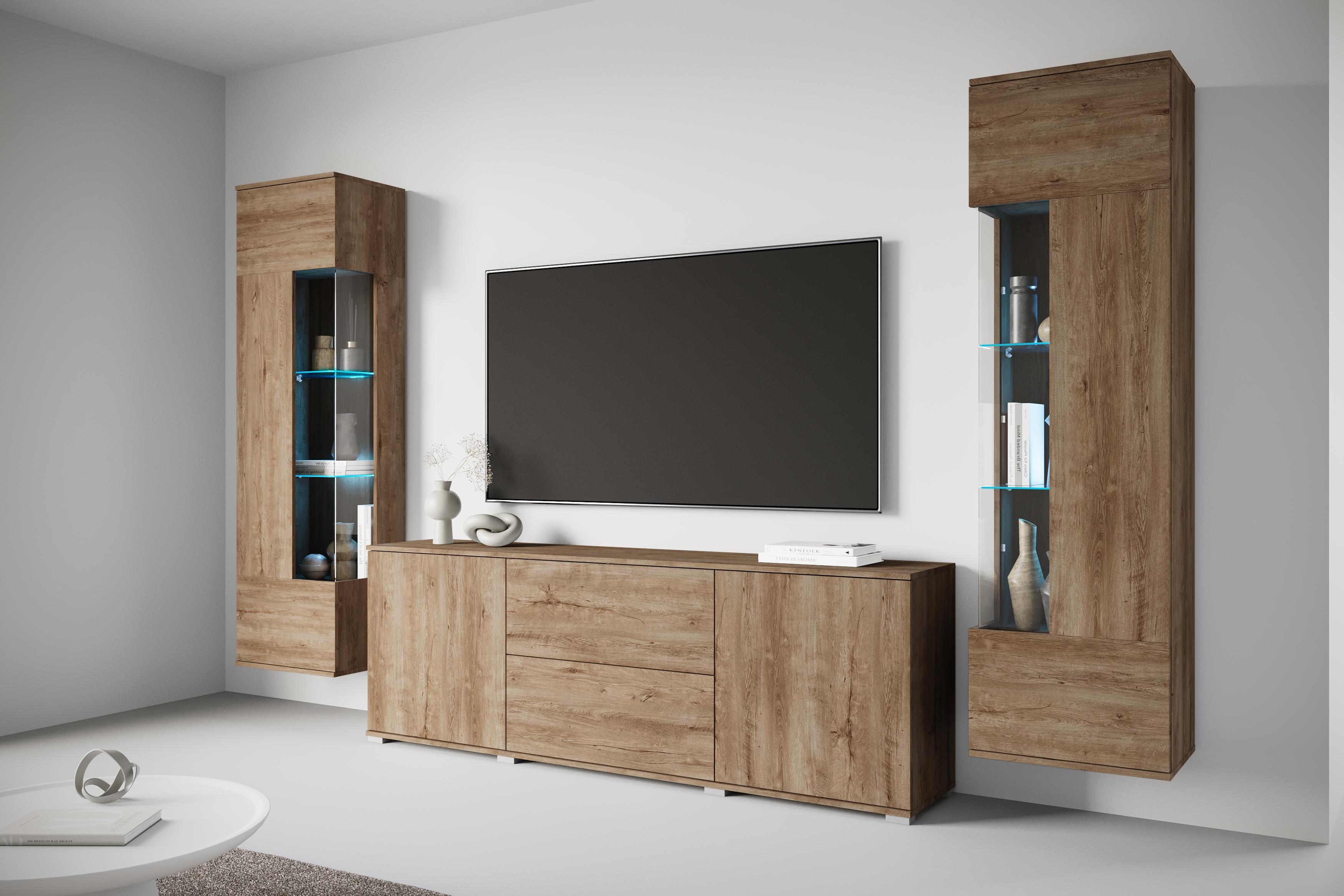 Wohnwand OTTO HOME "KENIA", braun (eiche lefkas), B:270cm H:161cm T:34cm, Holzwerkstoff, Kastenmöbel-Sets, Wohnwand, Vitrinen mit Eckverglasung,