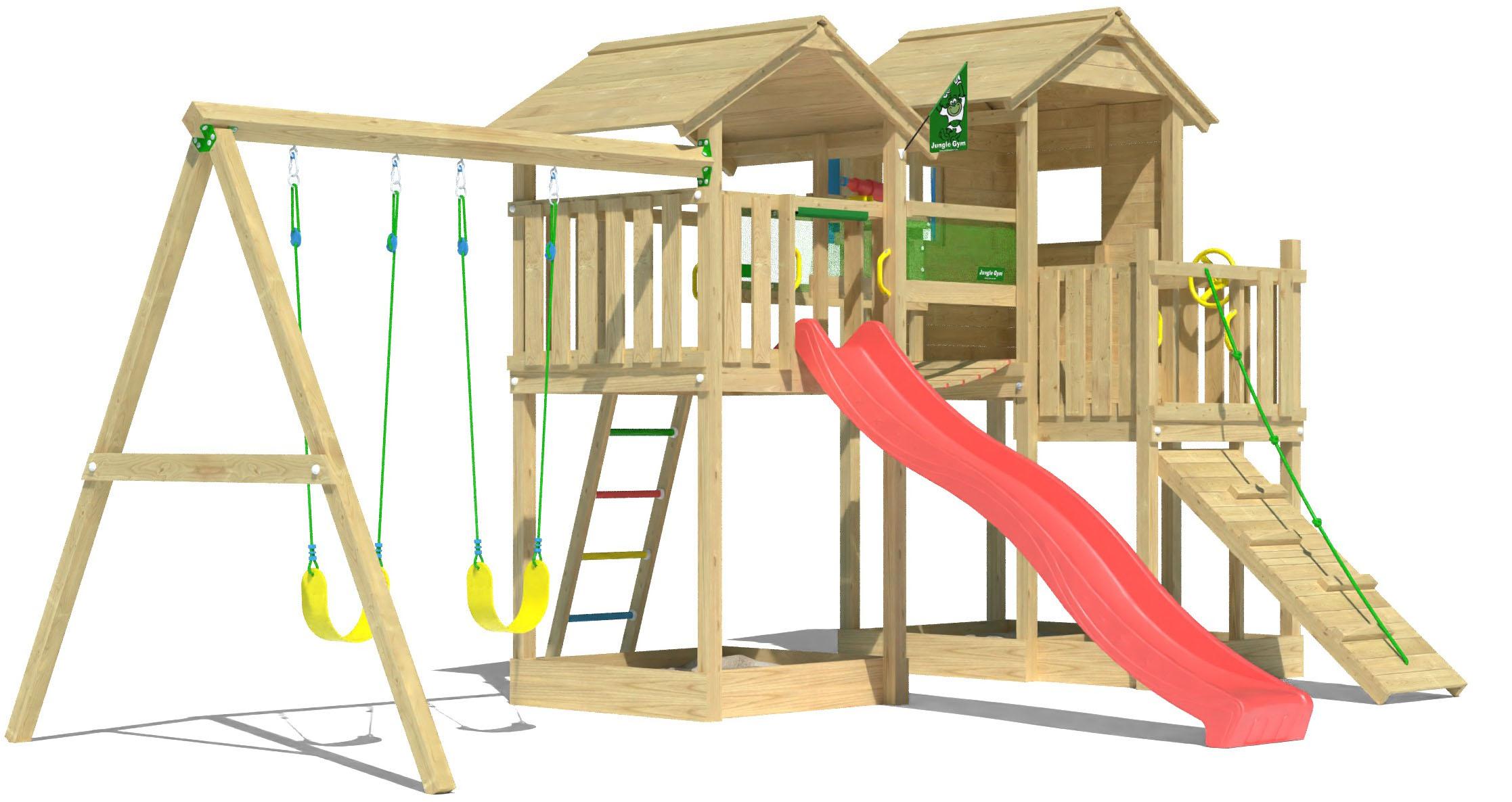 Jungle Gym "Stronghold" Spielanlage mit 2 Türmen, Schaukel und Rutsche mit Wasseranschluss
