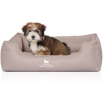 Knuffelwuff Orthopädisches Hundebett Luisa aus Velours mit feinem Handwebcharakter Sunshine Edition beige S