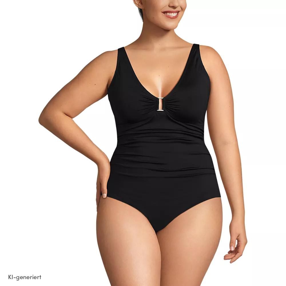 Badeanzug mit Ringdetail und V-Ausschnitt für Damen in Plus-Größe, Damen, size: plus, Schwarz, Nylon-Mischung, by Lands' End