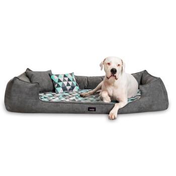 Tierlando ® Orthopädisches Hundebett VELVET Samt Velours Dreiecke geometrisch grau / türkis 1,3 m, 25 cm, 1 m